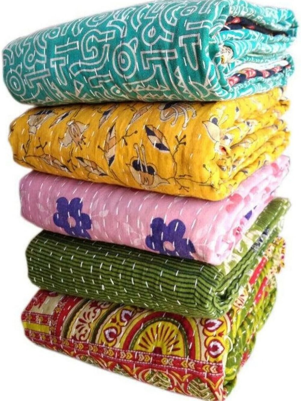 Vintage Reversible Handmade Kantha Throw Blanket - Bohemian Cotton Bedspread